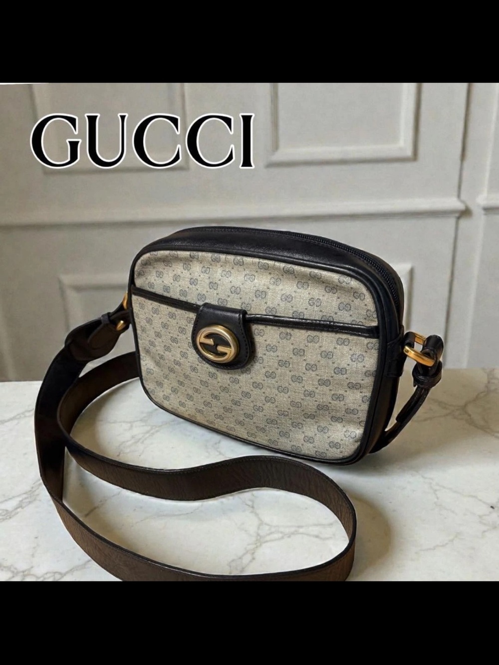 GUCCI Beige GG Canvas and Black Leather Crossbody with Gold Hardware